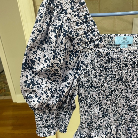 CeCe Blue Floral Puff Sleeve Smocked Peplum Top - Picture 8 of 10